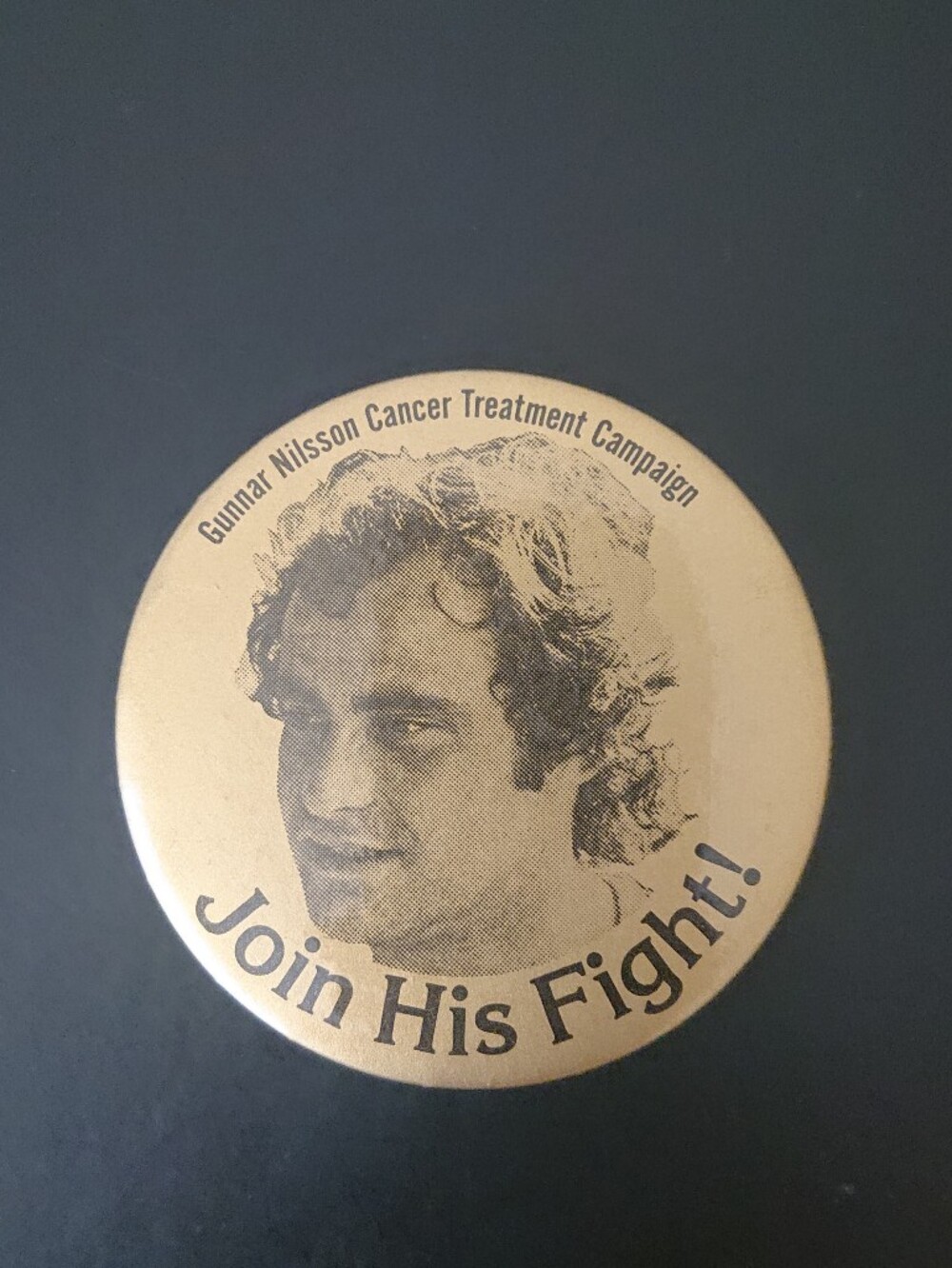 Vintage 2.5" Round Pin Button - Gunnar Nilsson Cancer Treatment Campaign - Join